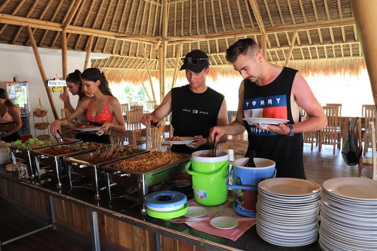 a group of people preparing food at a buffet