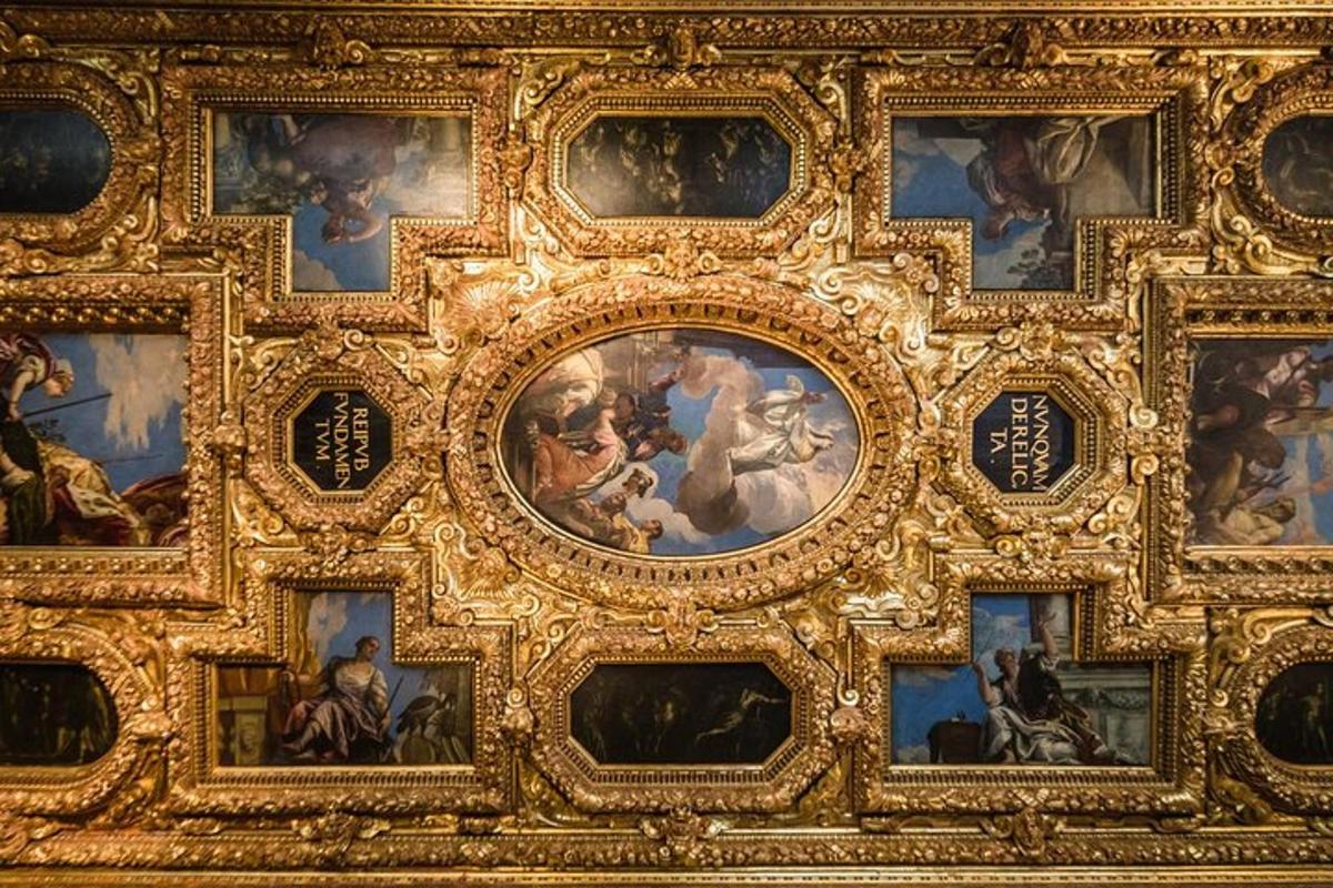 a room with paintings on the ceiling