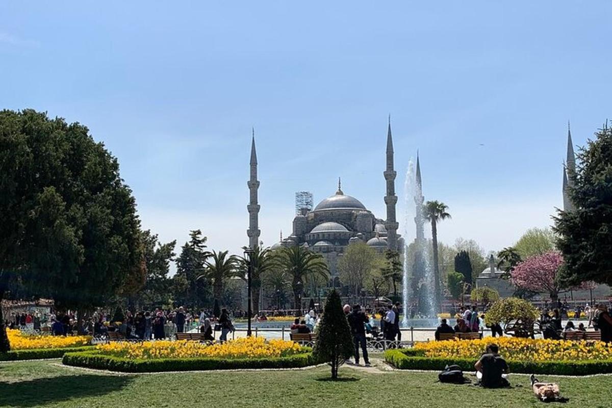 una font en un parc davant d'una mesquita