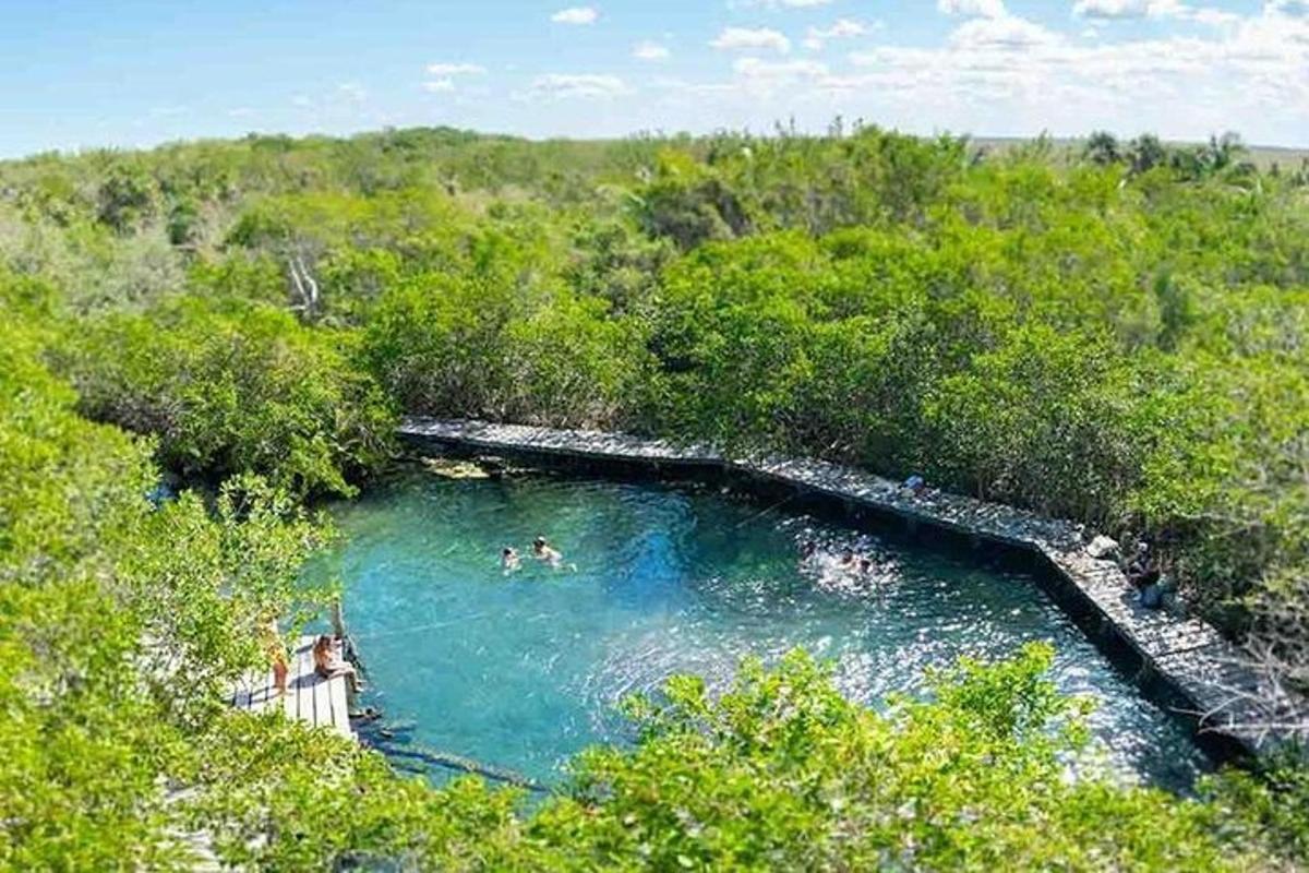 una bassa d'aigua amb gent nedant-hi