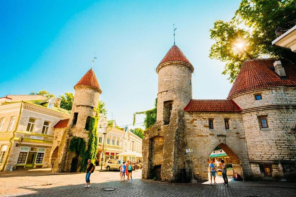 a group of people standing in front of a castle