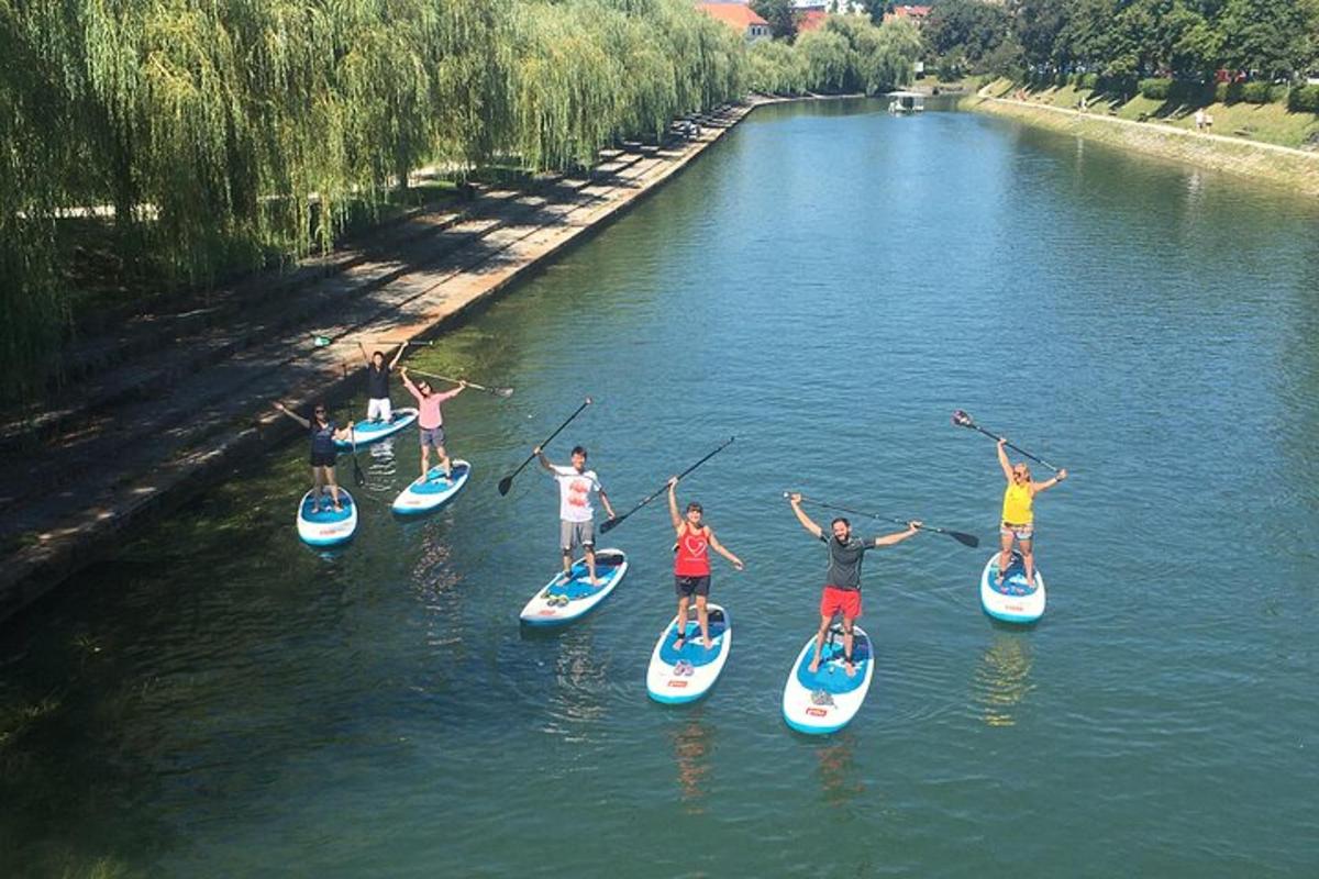 skupina lidí na paddleboardech v řece