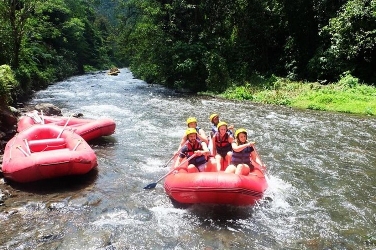 a group of people on a raft in a river