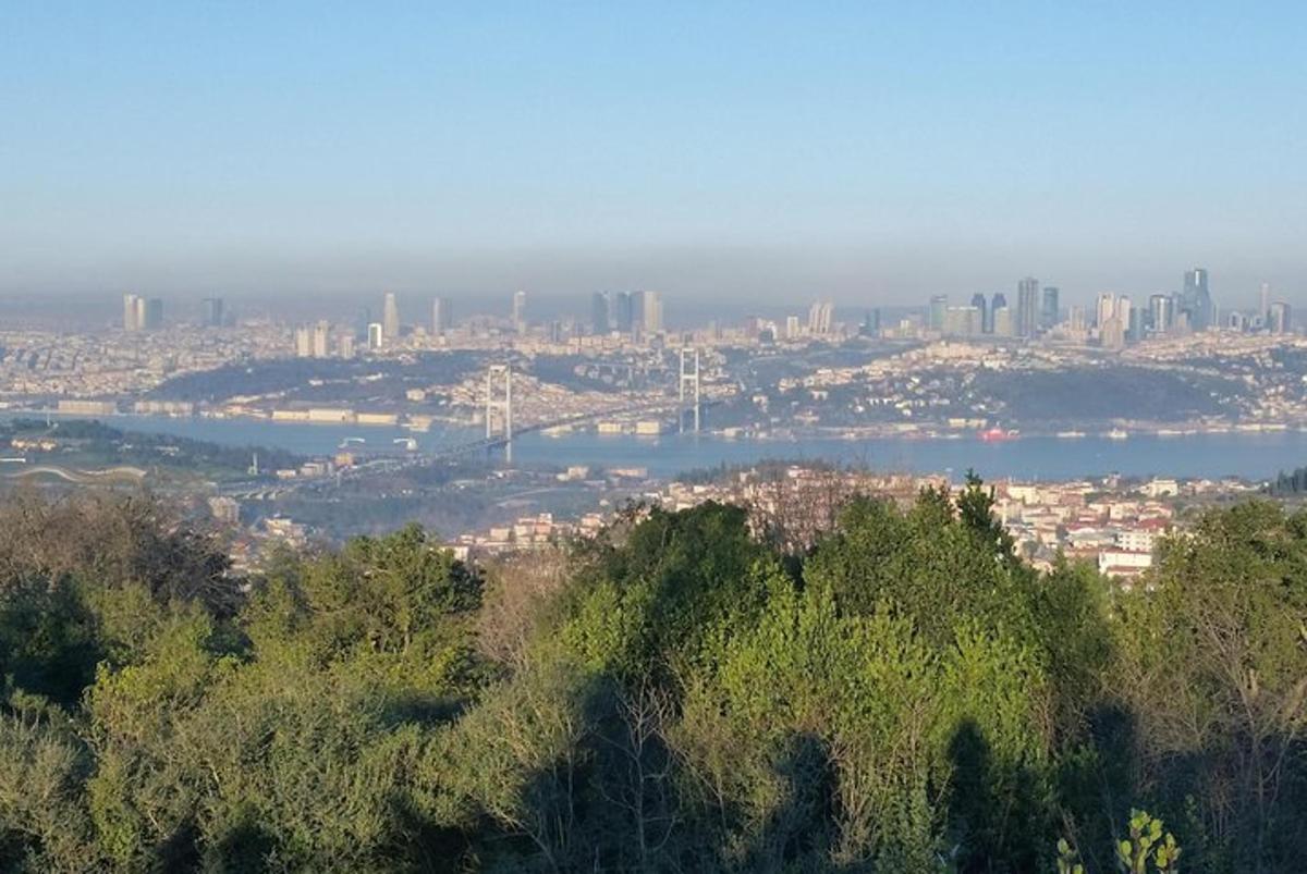 pohled na město s řekou a budovami