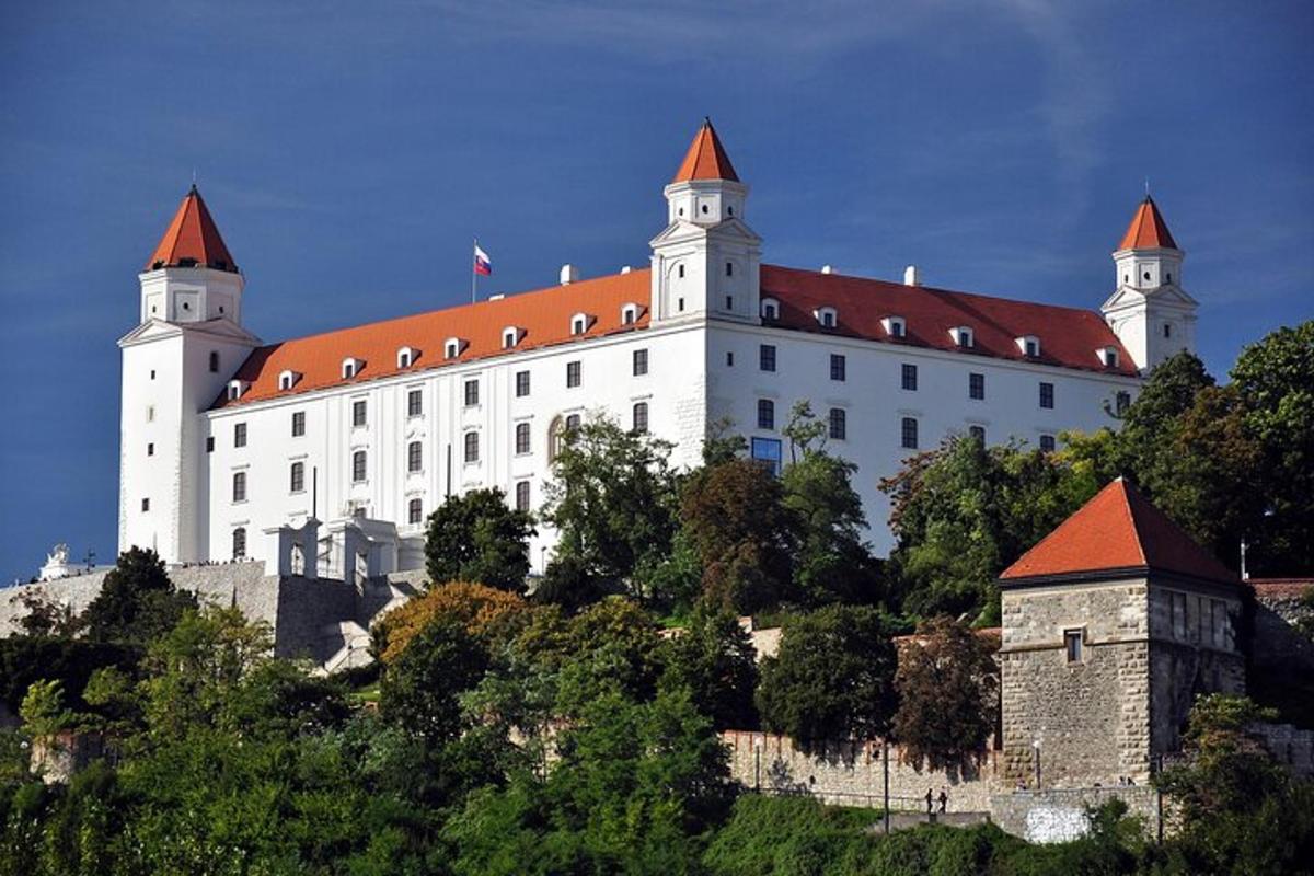 a large white building with a red roof on a hill