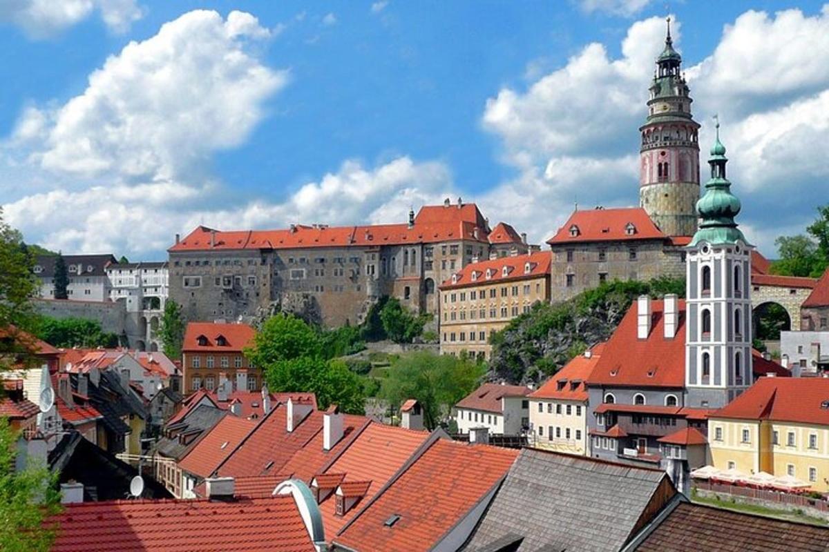 skupina budov s červenými střechami a hradem