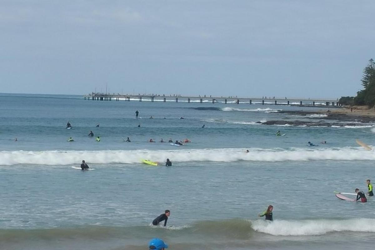 un grupo de personas en el agua en la playa