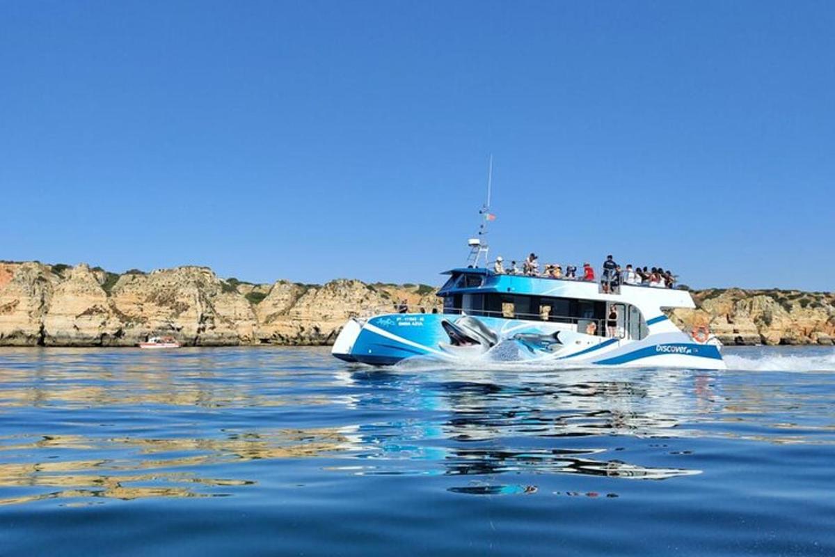 a blue and white boat in the water