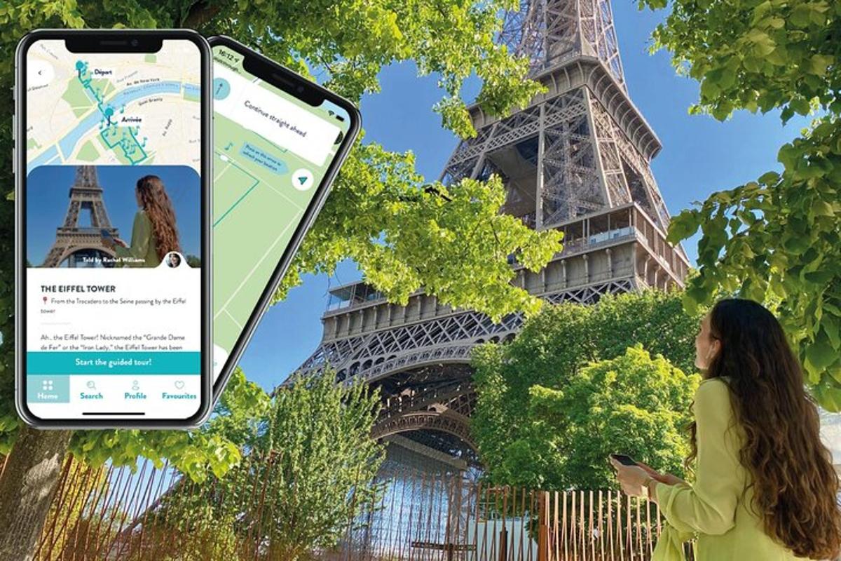 un'immagine di una donna in piedi davanti alla torre Eiffel