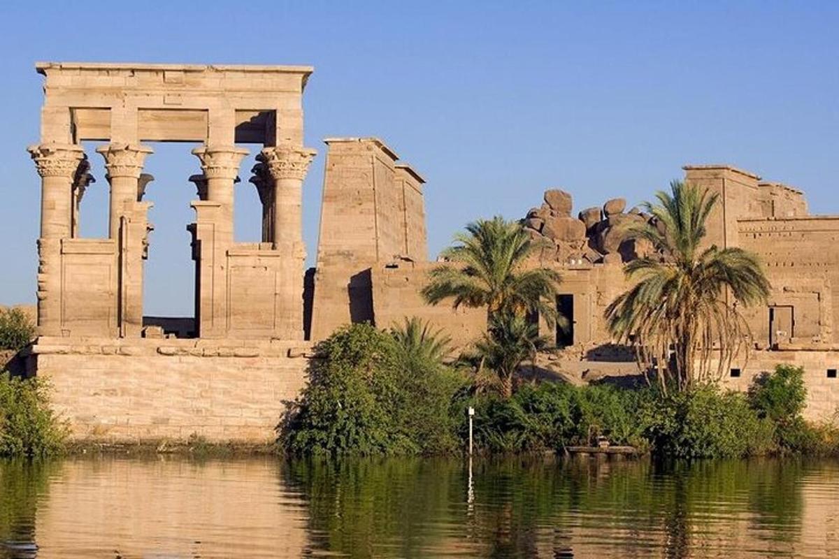 un edificio con palme accanto a uno specchio d'acqua