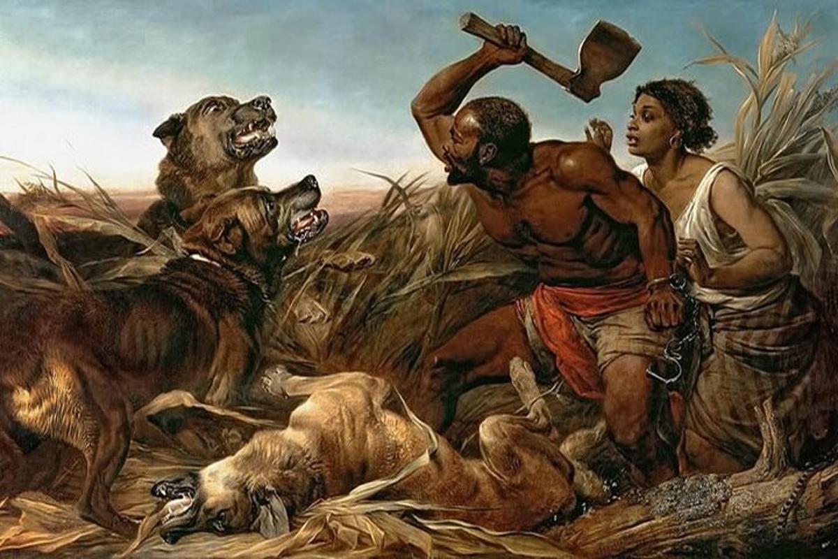 a painting of two men and dogs in a field