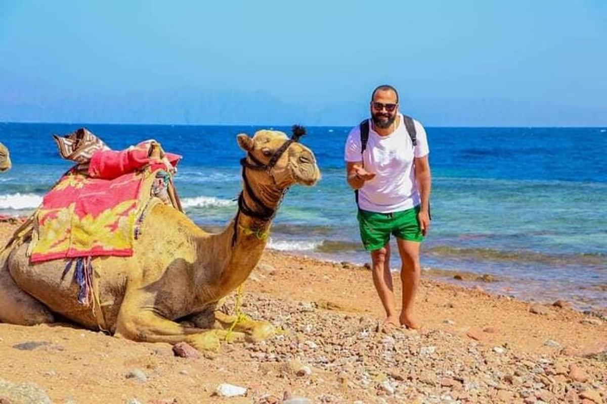 moški, ki stoji poleg kamele na plaži