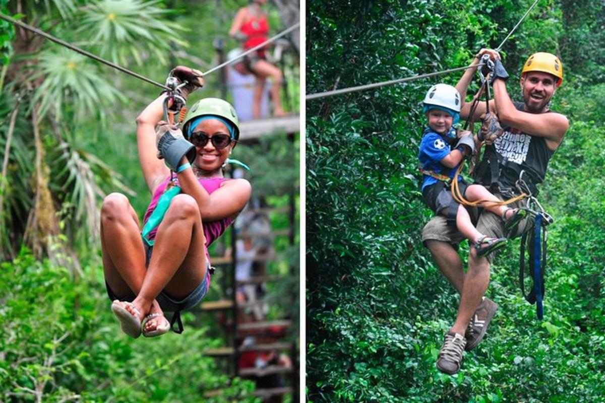 two pictures of a woman and a man on a zip line