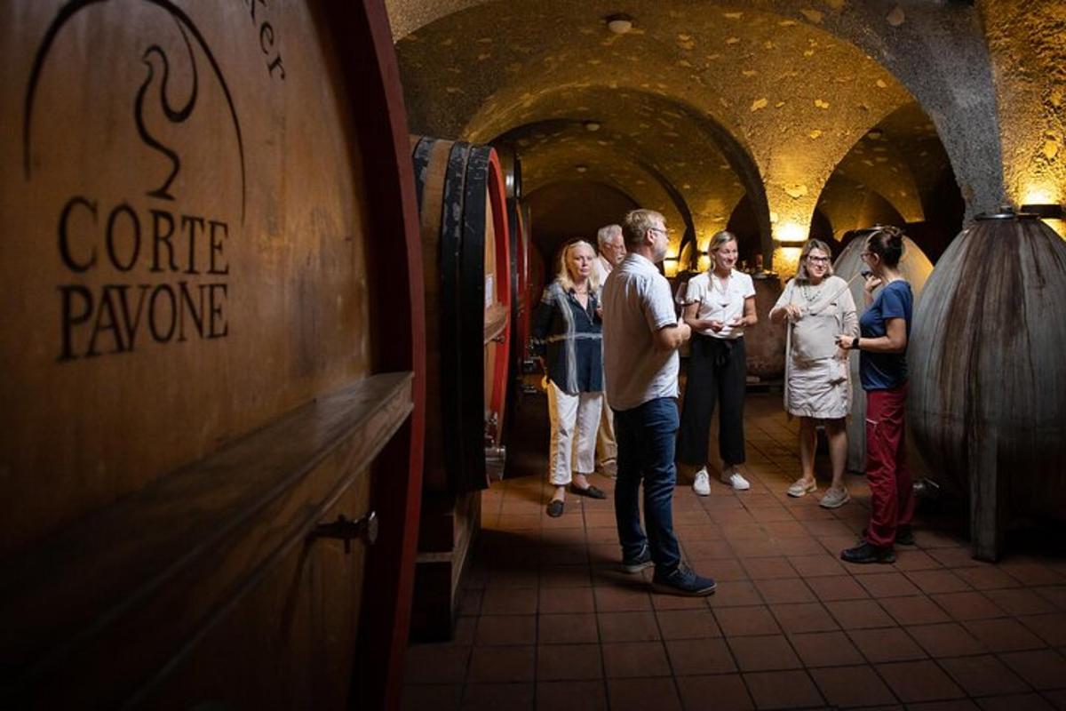 a group of people standing in a wine cellar