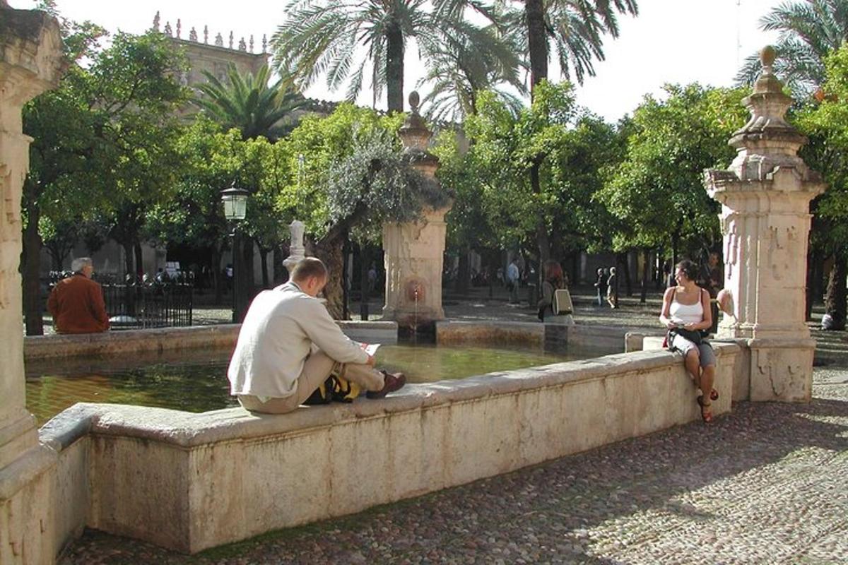 a man sitting on a wall in front of a fountain