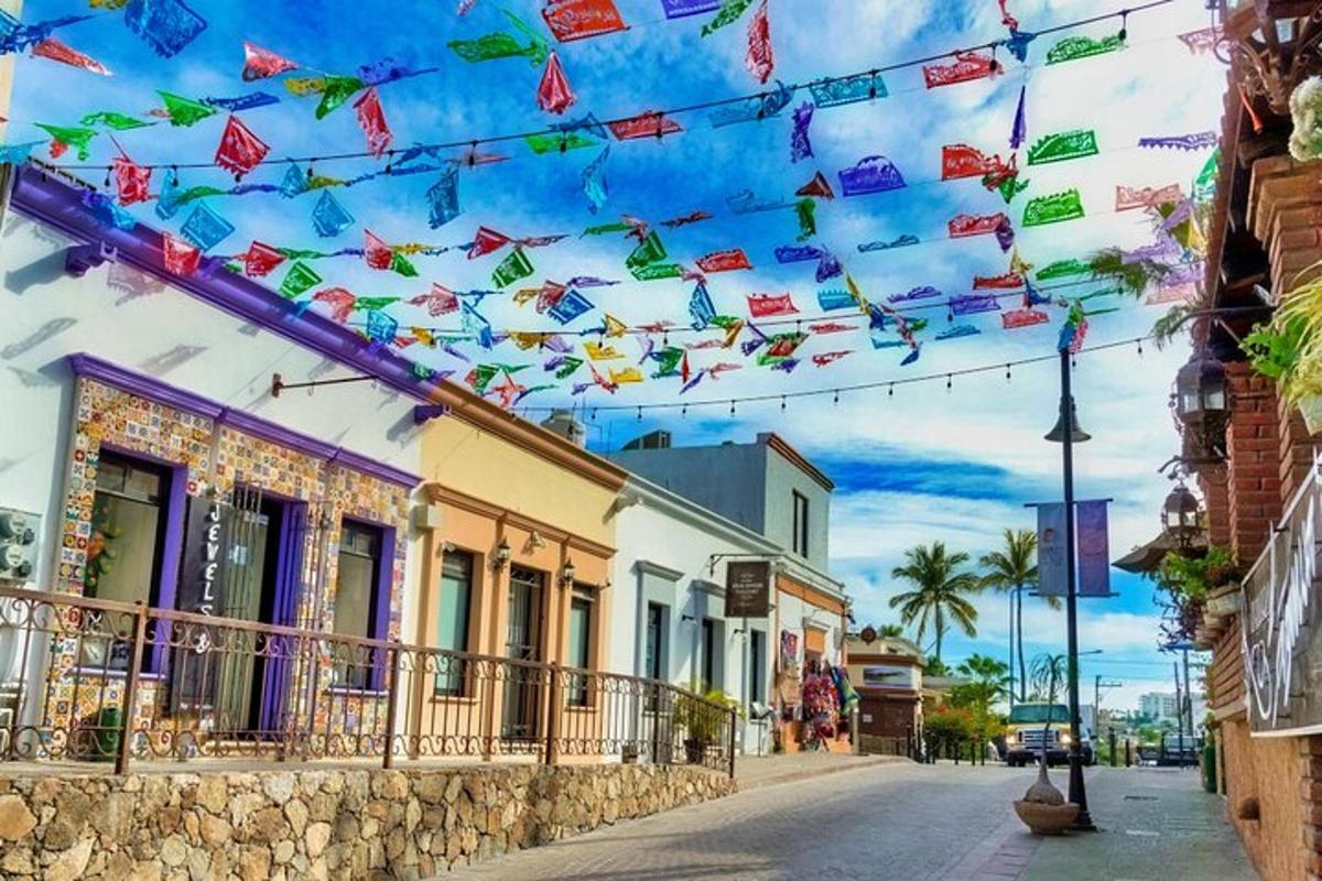 a street with flags hanging over a street
