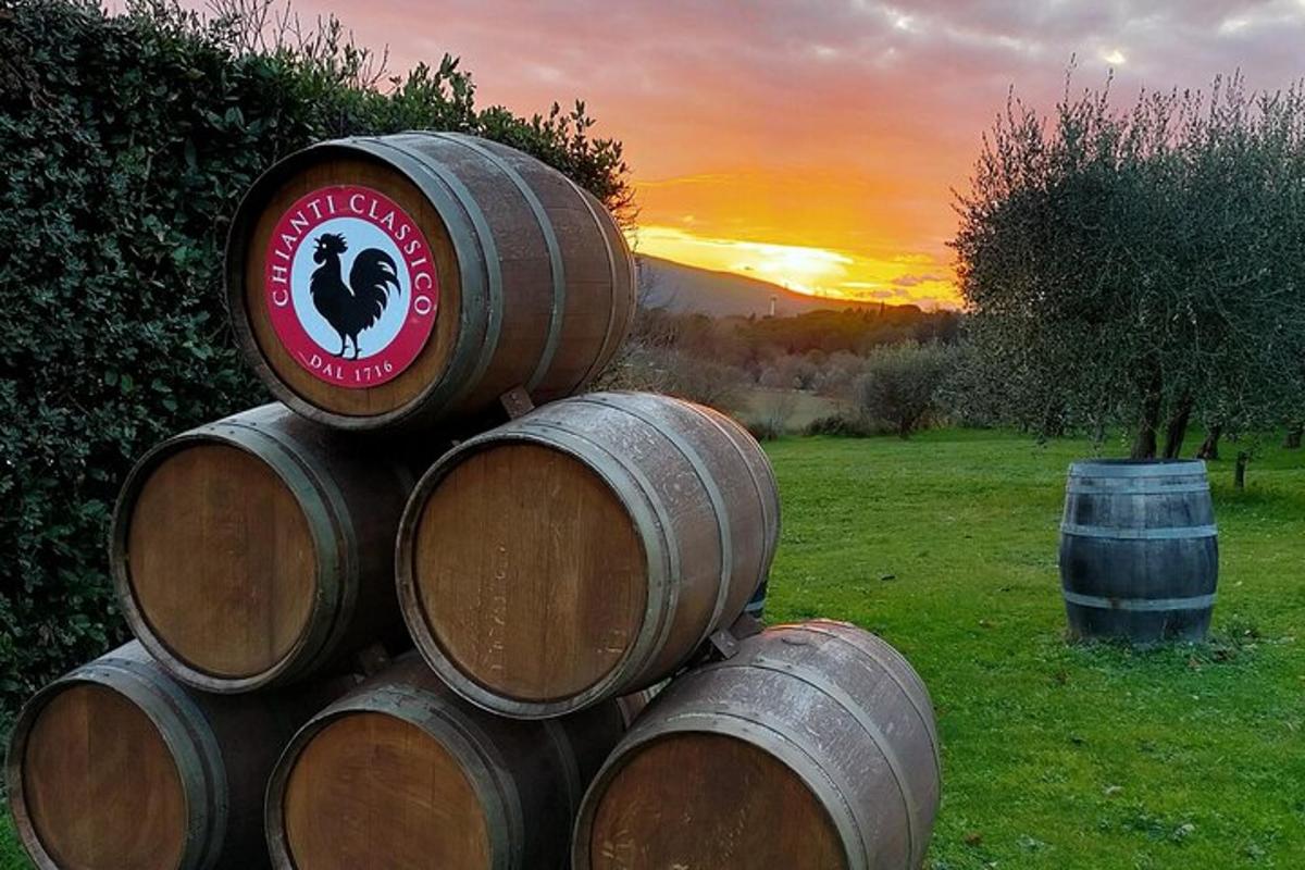 una pila di botti di legno con un tramonto sullo sfondo