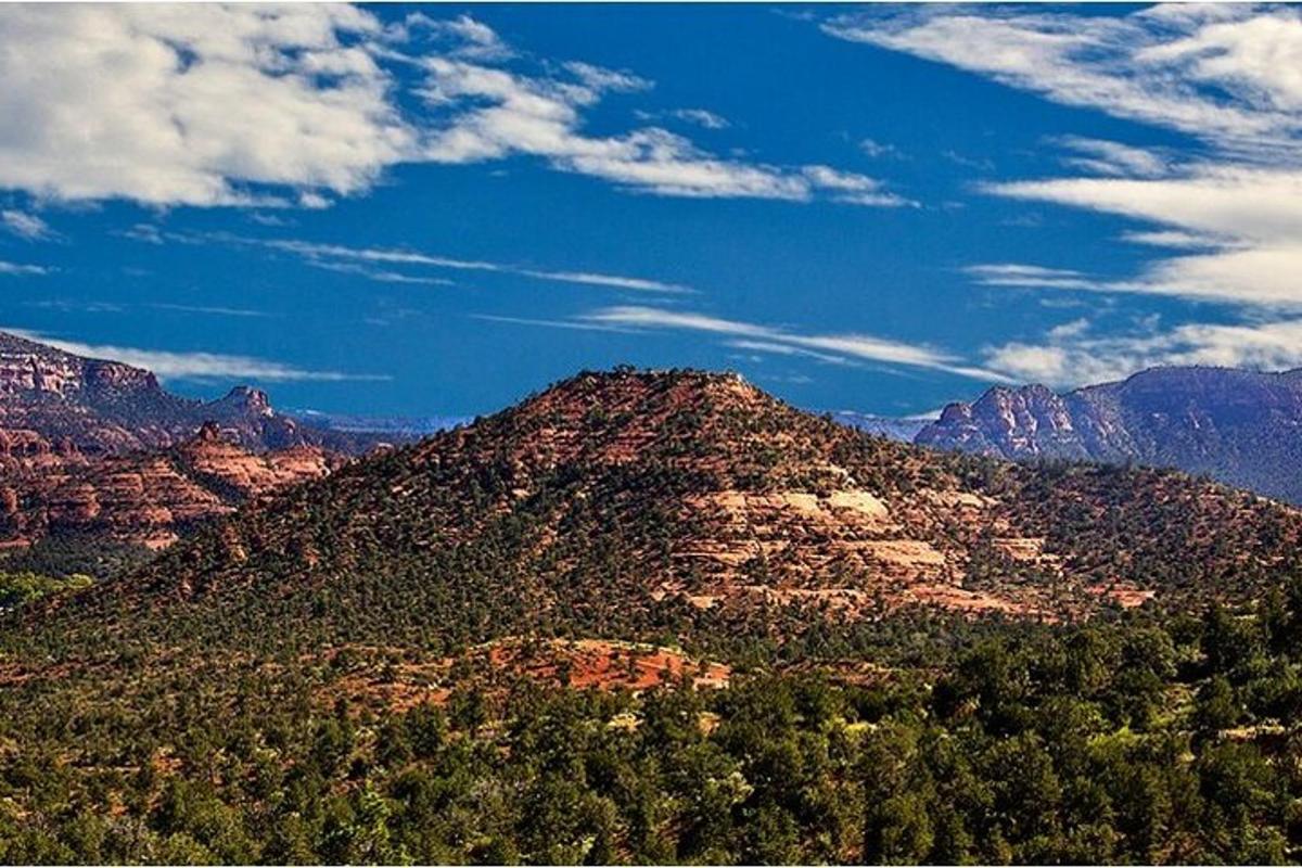 Una montaña con árboles y montañas al fondo.