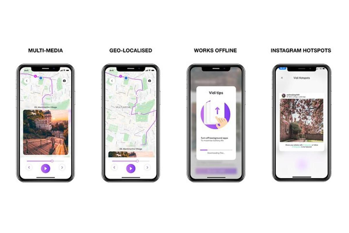 obrázek čtyř iPhonů s různými aplikacemi