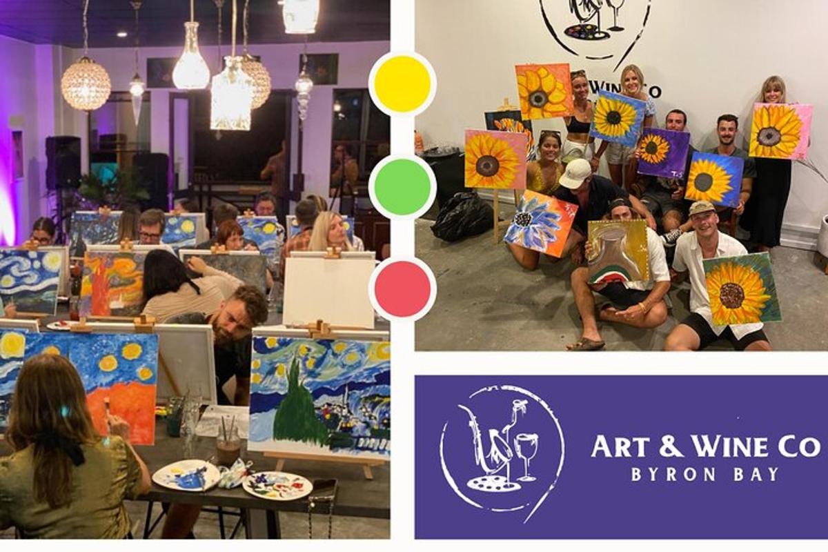 a group of people in an art and wine convention