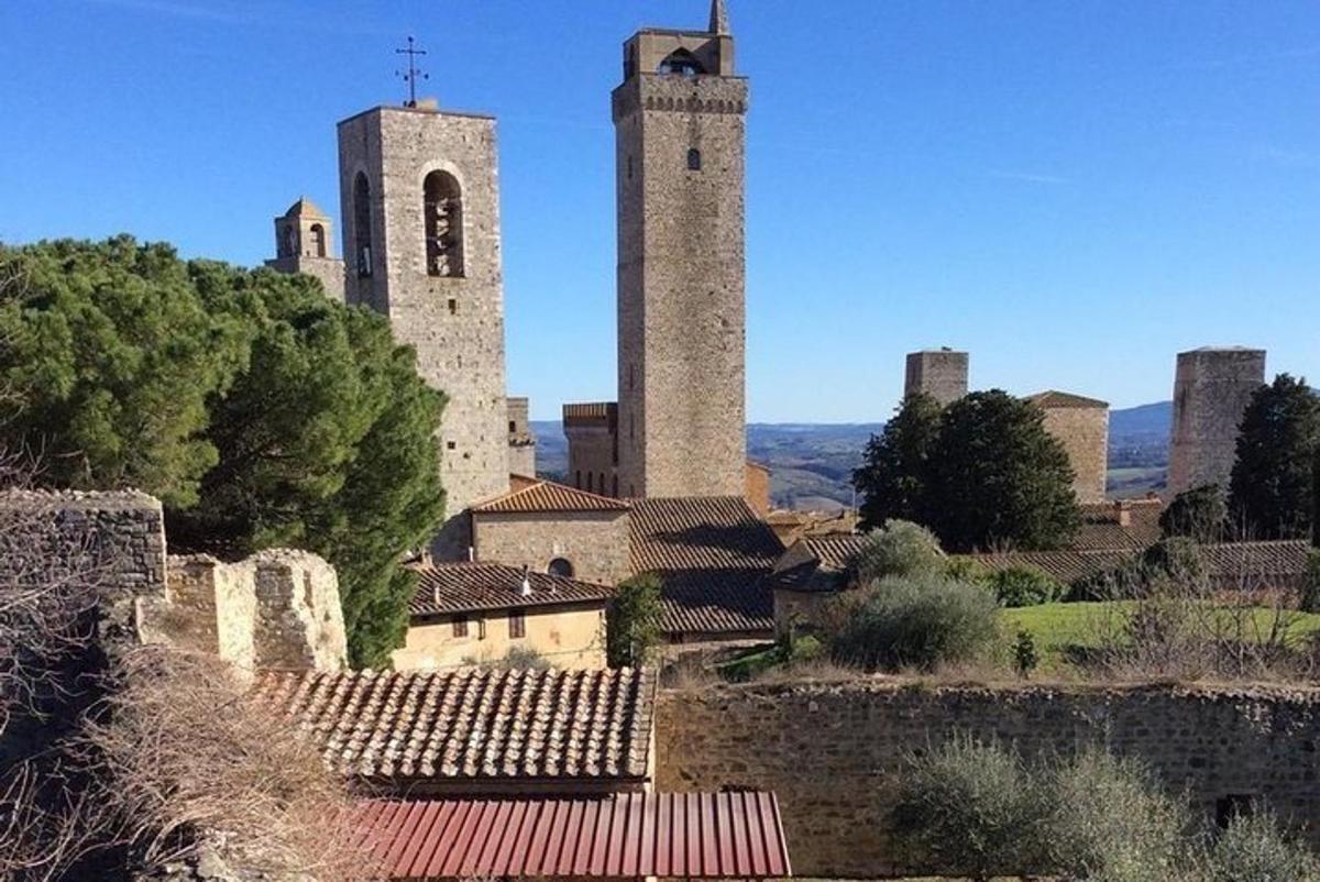 two towers of a castle with trees and buildings