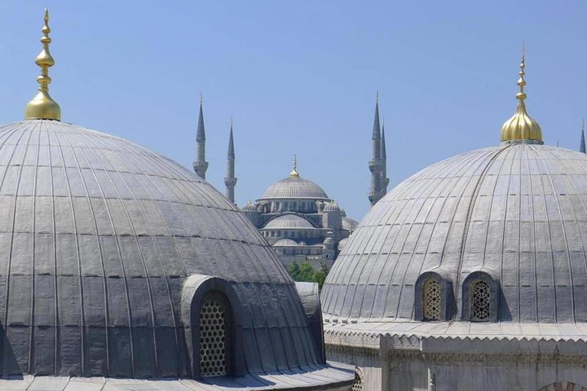 duas cúpulas de um edifício com uma mesquita ao fundo
