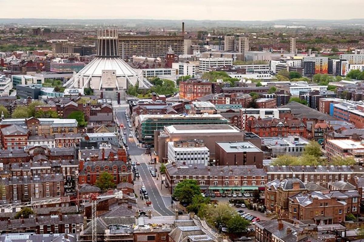 an aerial view of a city with a building