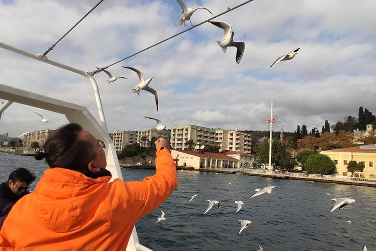 egy férfi egy csónakban madarakat etet a vízen