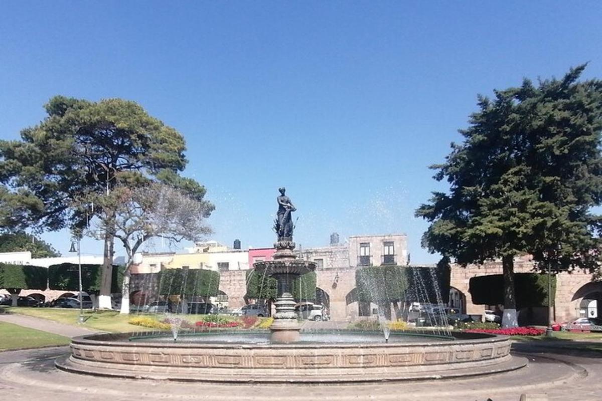 a fountain with a statue in front of a building