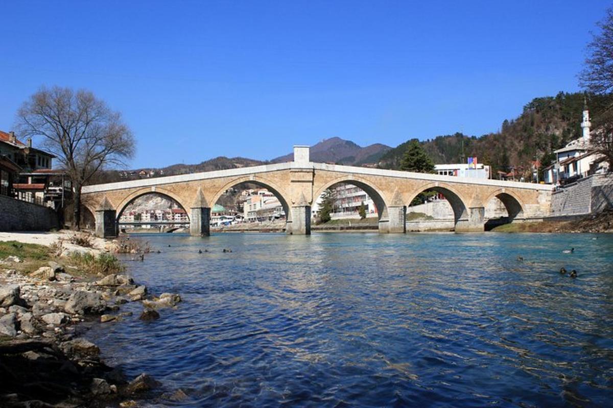 un ponte sopra un fiume con anatre nell'acqua