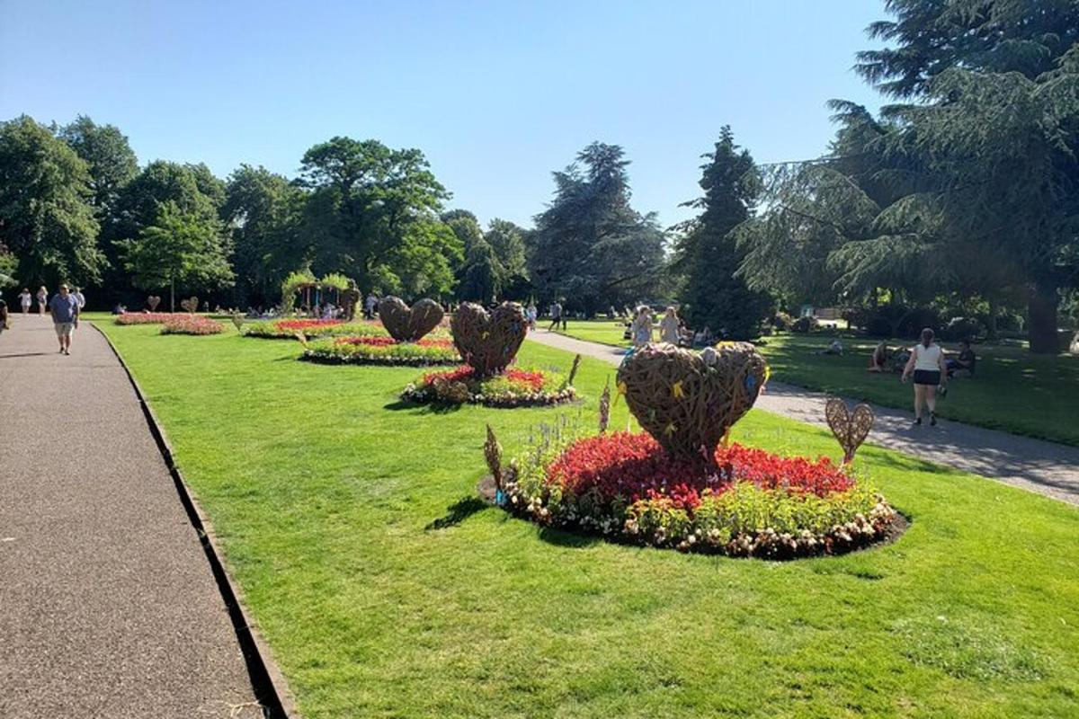 un parco con una fila di fiori nell'erba