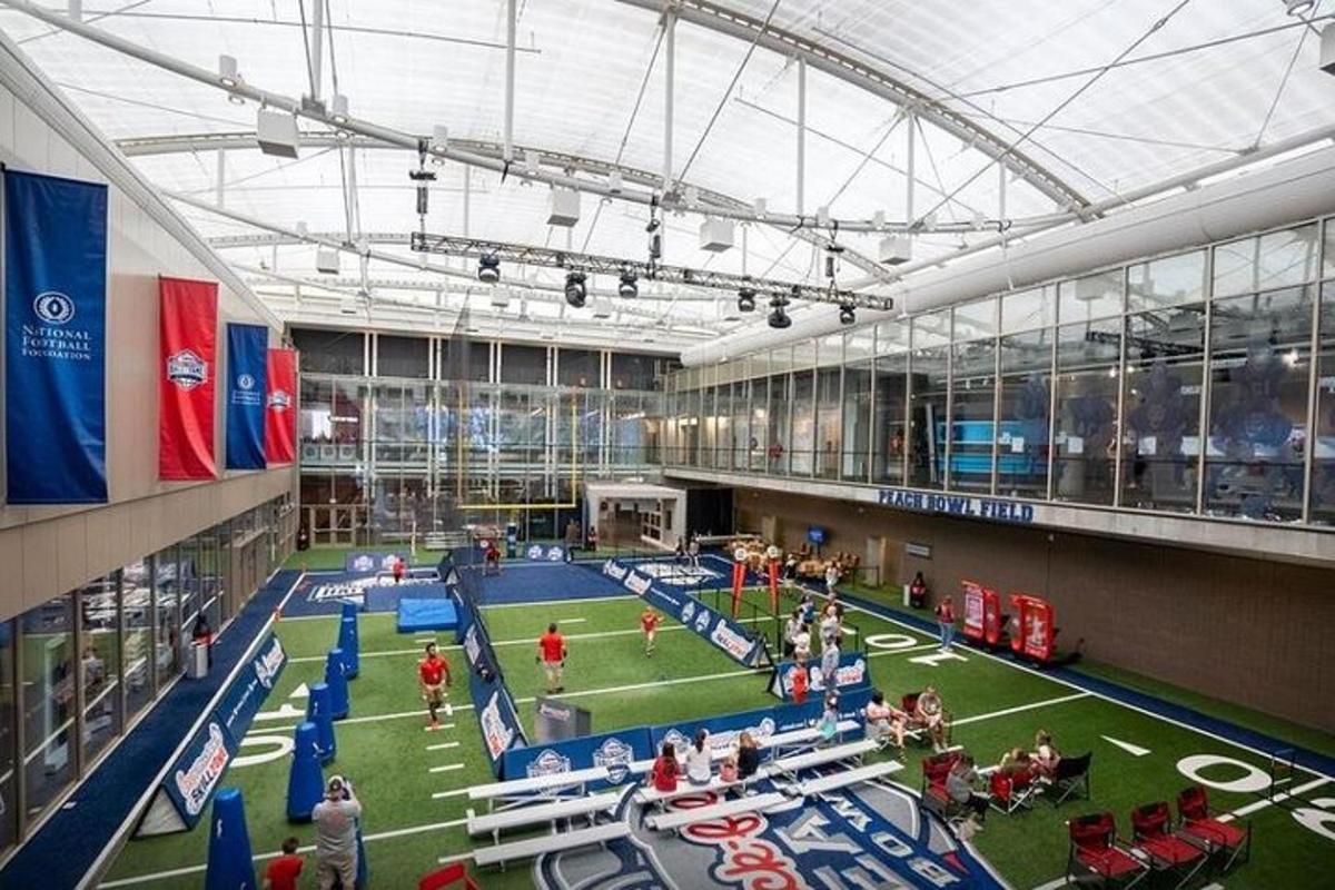 a large building with a basketball court in it