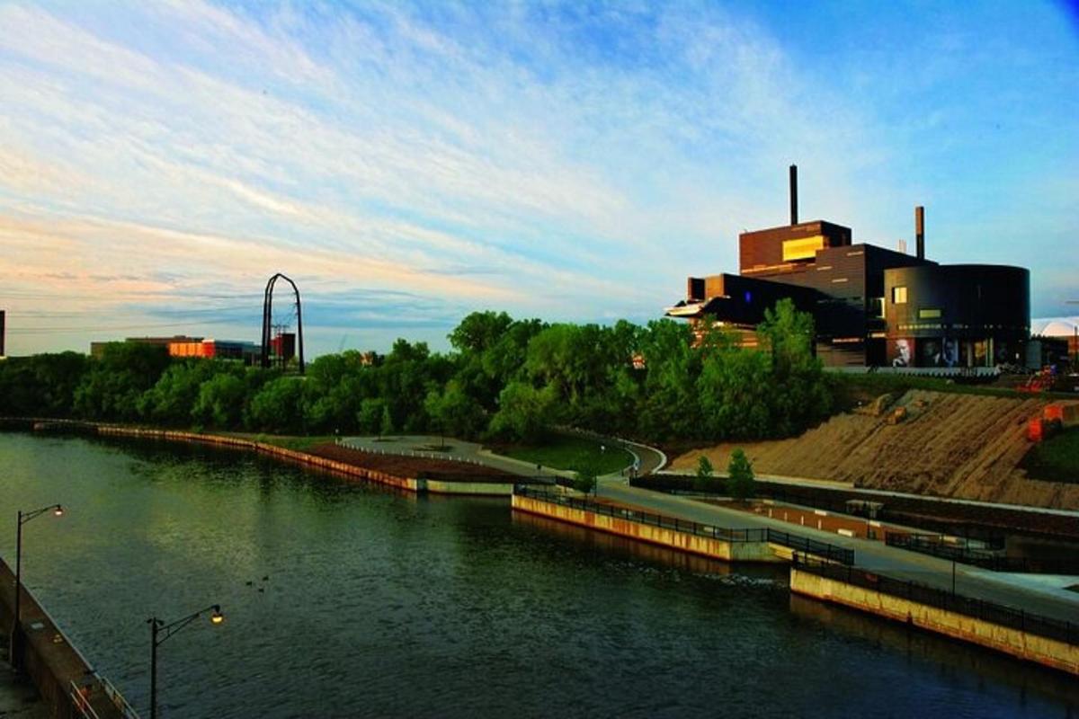 a view of a river with a building in the background