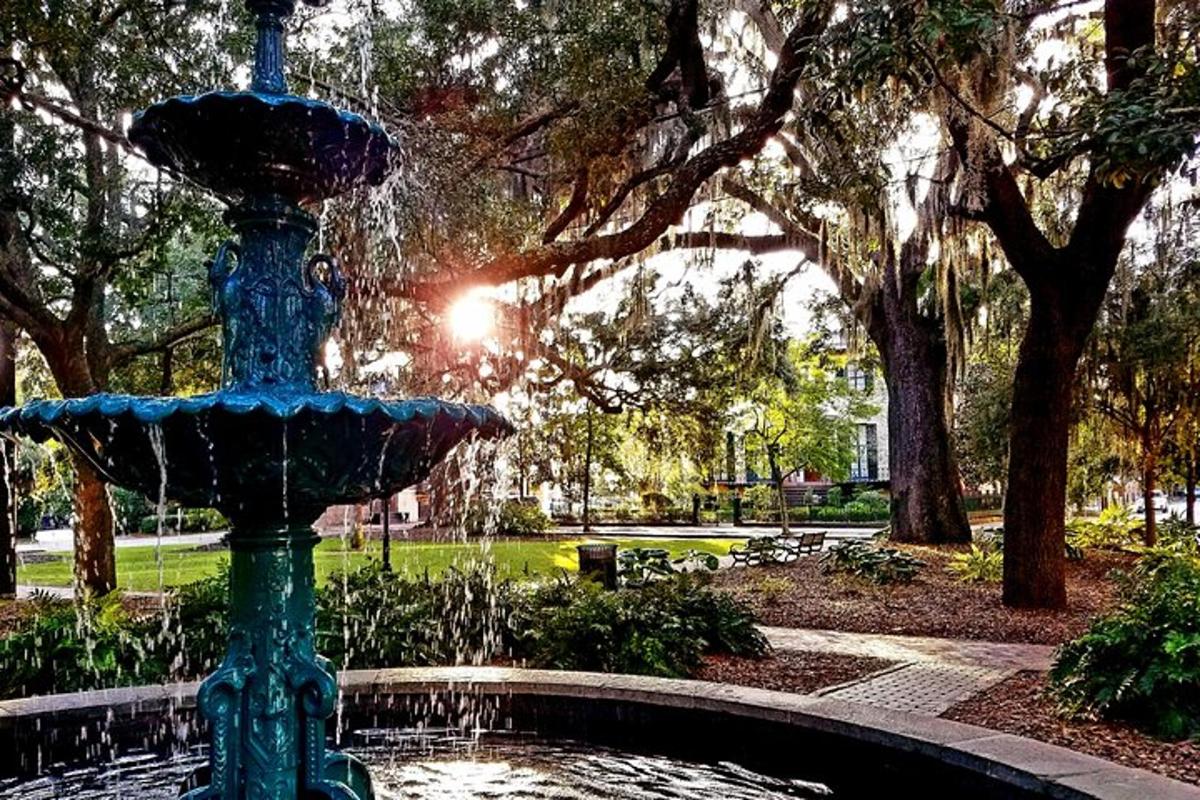 a fountain in the middle of a park with trees