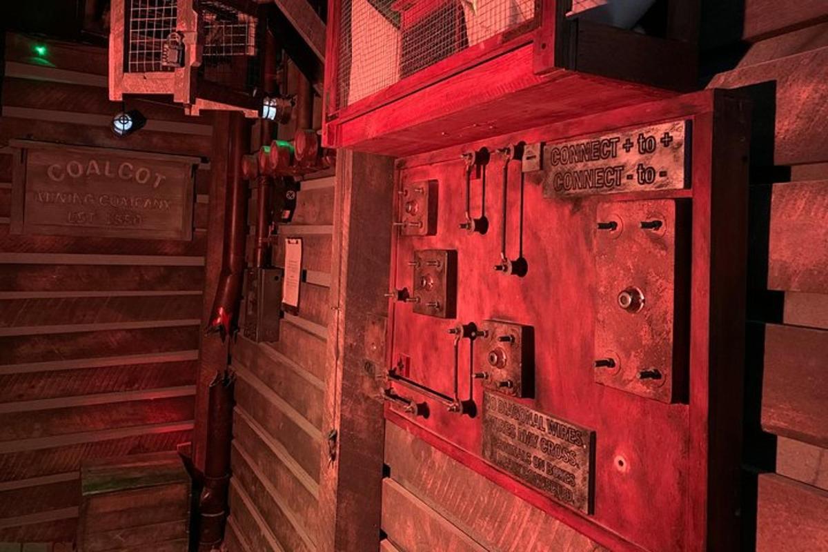 a red door in a room with stairs