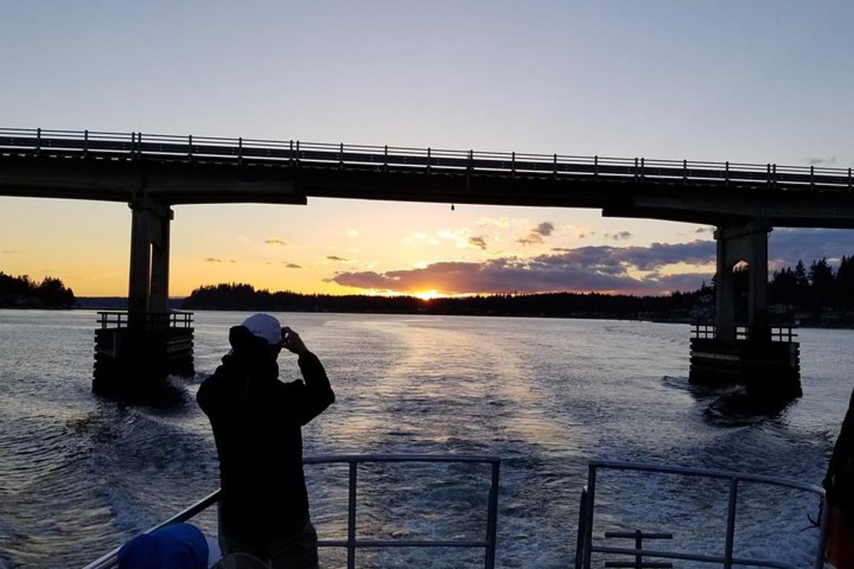 a man is taking a picture of a bridge over a river