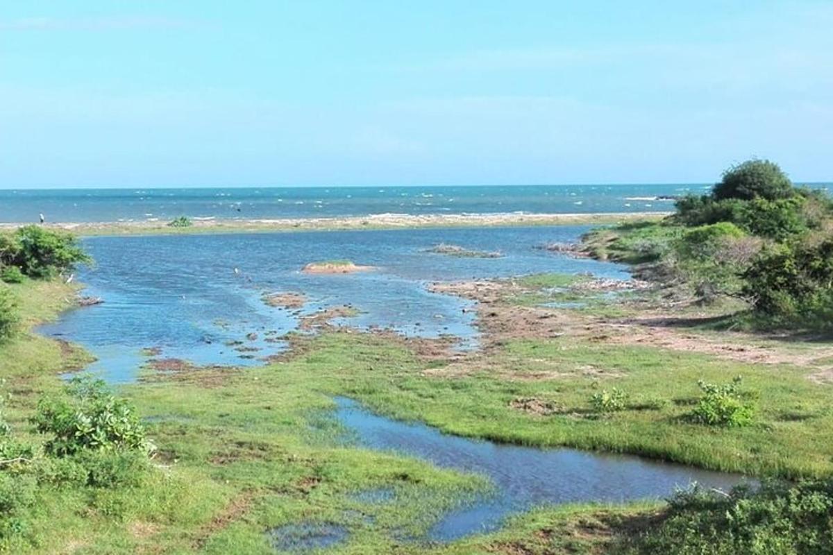 um corpo de água com o oceano ao fundo