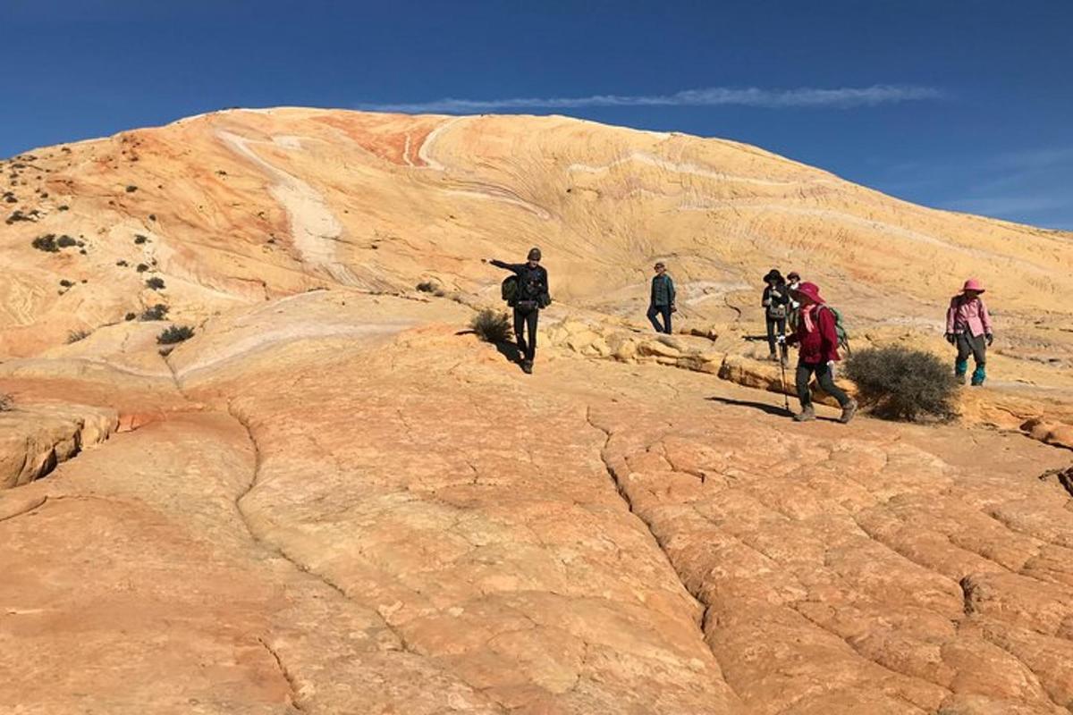 a group of people walking on a rocky mountain