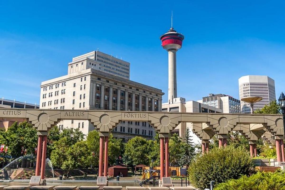 a view of a city skyline with a tower
