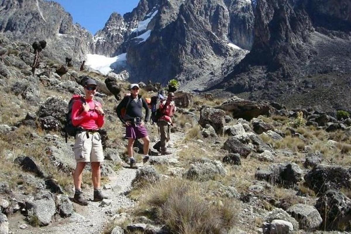 a group of people walking on a mountain trail