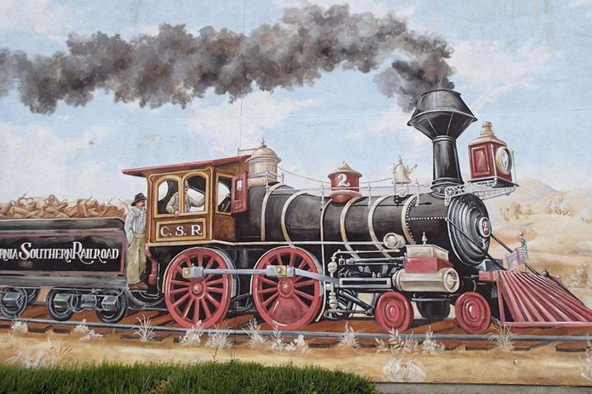a painting of a steam engine train on the tracks