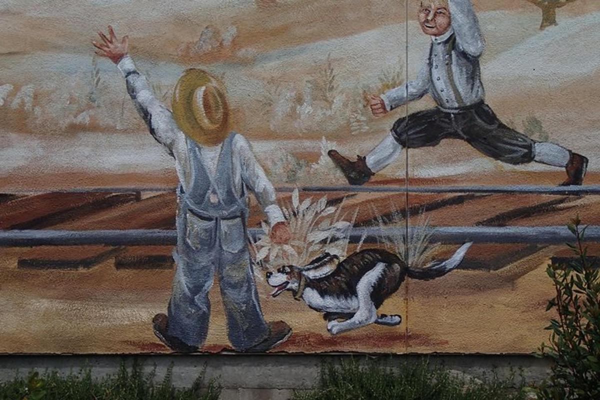 a painting of two men and a dog on a swing