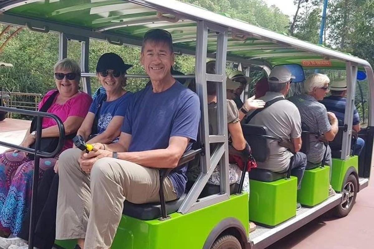um grupo de pessoas viajando em um trem verde