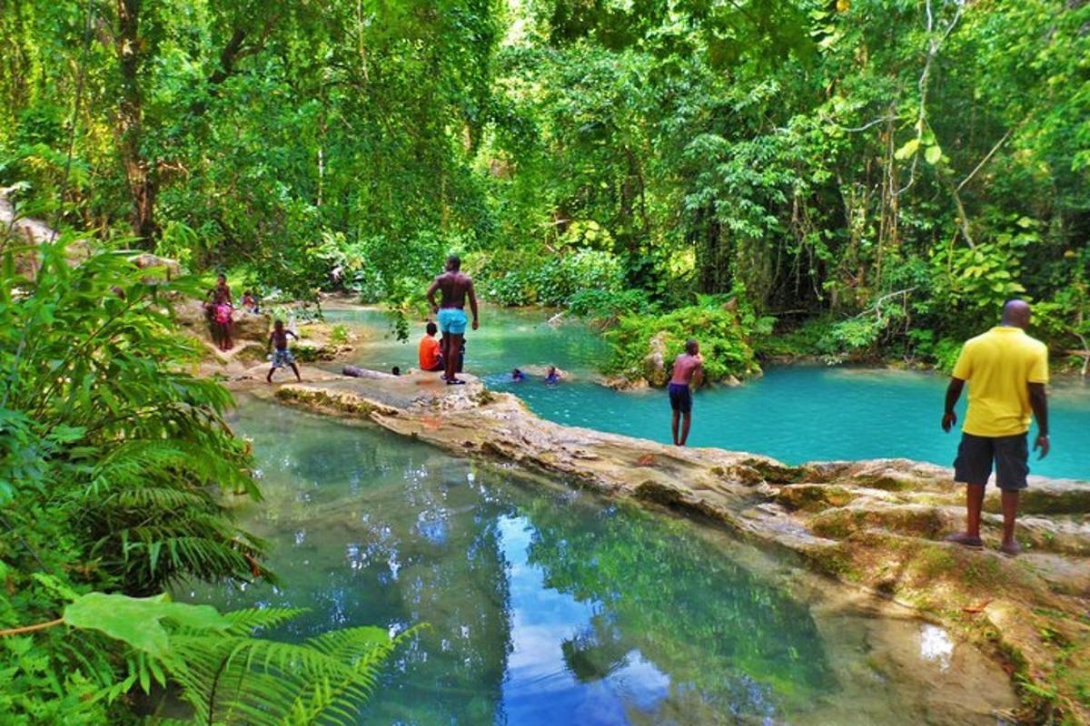 um grupo de pessoas em pé ao redor de um rio em uma floresta