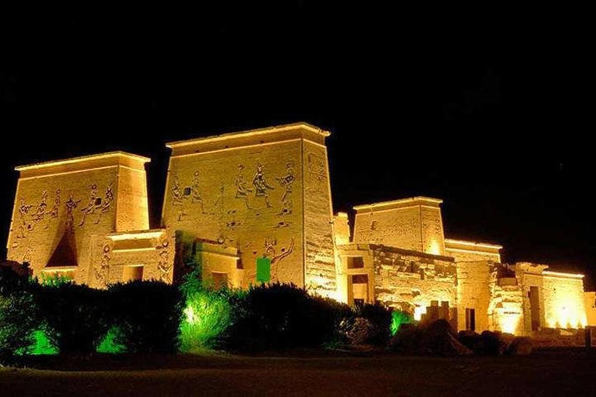 um edifício iluminado à noite com luzes verdes