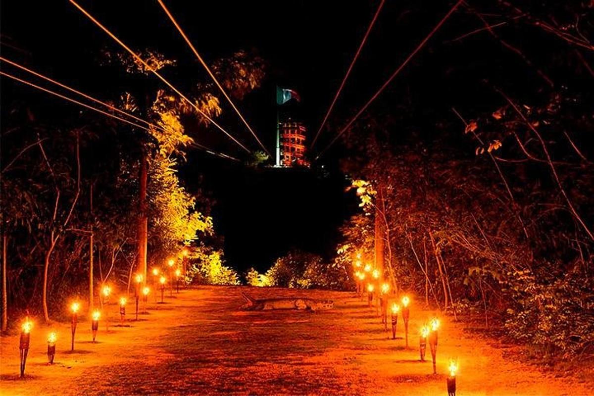 una strada fiancheggiata da lampioni accesi di notte