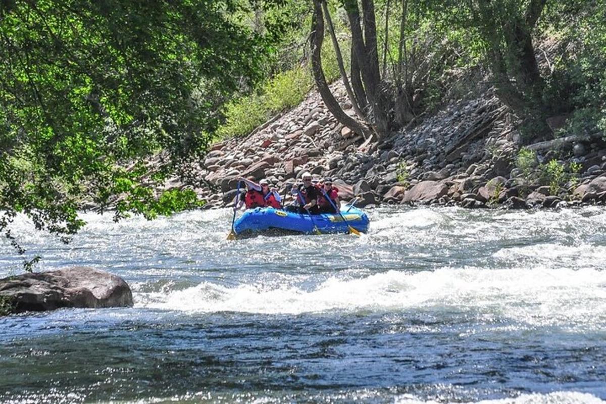 a group of people in a raft in a river