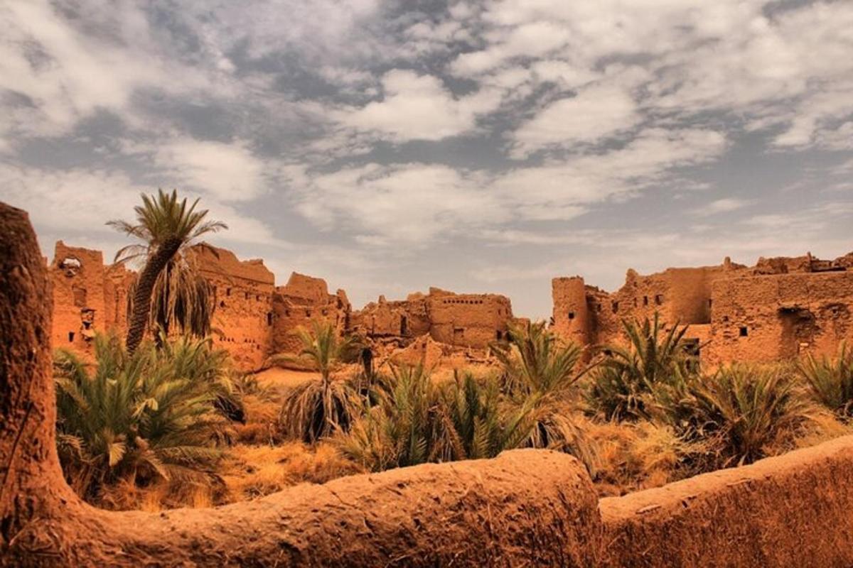 una vista d'un desert amb edificis i palmeres