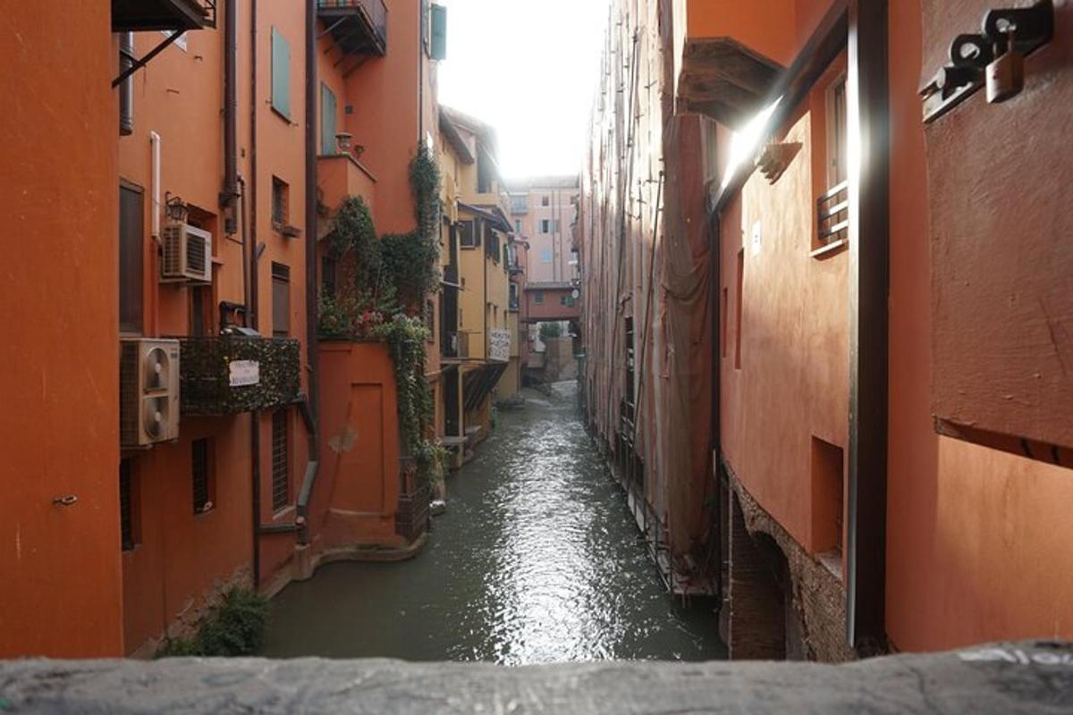 a narrow canal in an alley between two buildings