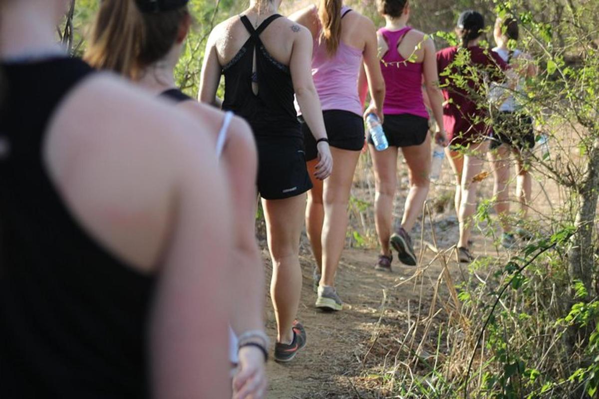 a group of people walking down a trail